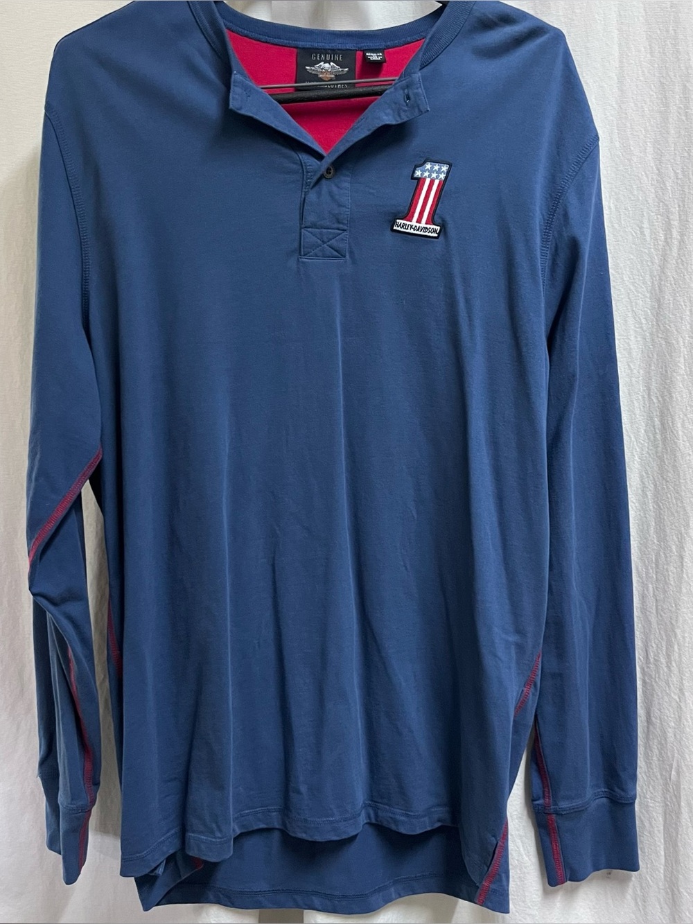 Harley Davidson Men's XL Navy Blue Henley Long Sleeve Shirt Patch Logo